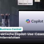 Laptop mit Copilot Logo auf dem Schreibtisch, Schriftzug 10 praktische Copilot-Use-Cases für Unternehmen